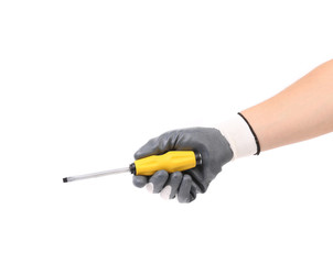 Hand in glove holding screwdriver.
