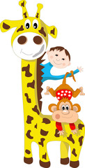 Giraffe, monkey and boy - obrazy, fototapety, plakaty
