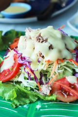 Vegetables salad put tuna in the plate.
