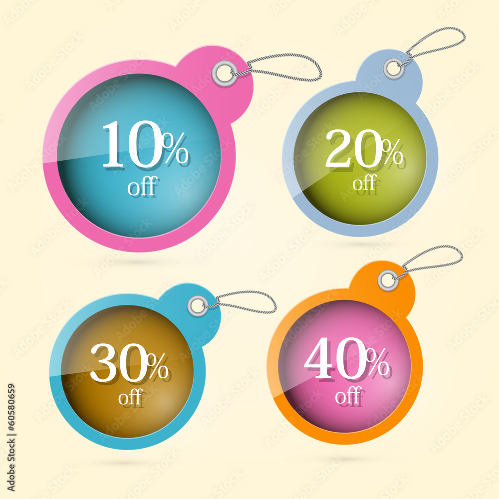 Poster sale, discount vector circle labels with strings set