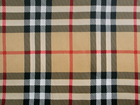 Beige wool plaid fabric with red, black and white stripes