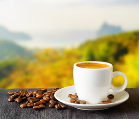 Cup of coffee on highlands background