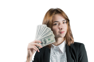 businesswoman with wad of money in her hands