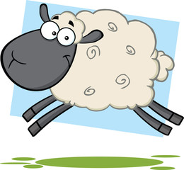 Funny Black Head Sheep Cartoon Mascot Character Jumping