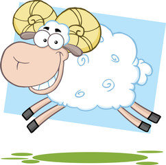 White Ram Sheep Cartoon Mascot Character Jumping
