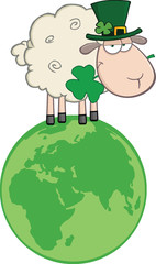Irish Sheep Carrying A Clover In Its Mouth On A Globe