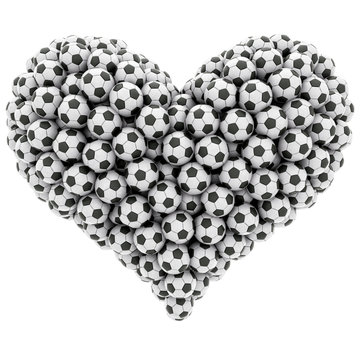 Heart shape composed of many soccer balls isolated on white