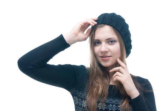 Young Smilling Girl In Black Dress And Beret