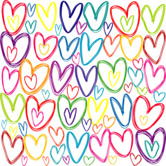 Seamless pattern with colored doodle hearts
