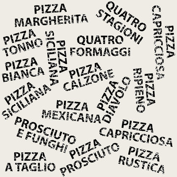 Grunge background with different pizza names