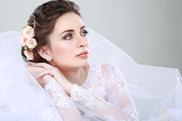 Portrait of beautiful bride. Wedding dress. Wedding decoration
