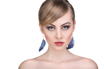 Naklejka premium whiteheaded young woman with beautiful blue eyes on white 