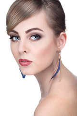 Fototapeta premium whiteheaded young woman with beautiful blue eyes on white 