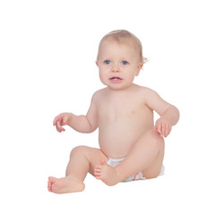 Adorable blond baby in diaper crying sitting on the floor