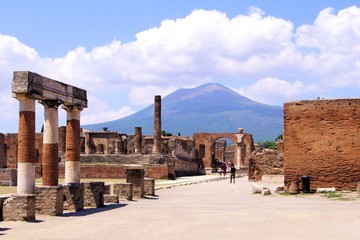 Mount Vesuvius through the ruins of Pompeii, Italy