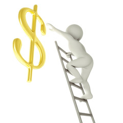 3D man on a ladder about to reach golden dollar sign