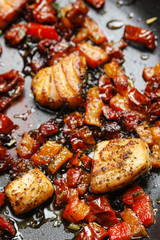 Grilled salmon in herbs on frying pan