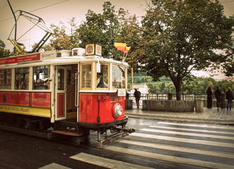 Retro red tram in Prague - Powered by Adobe