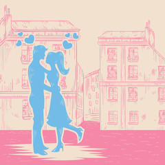 Romantic Valentine retro postcard with happy couple in love