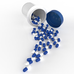 Pills 3d spilling out of pill bottle on white