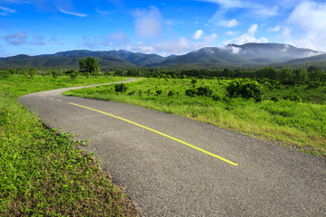 Beautiful countryside road in green field under blue sky