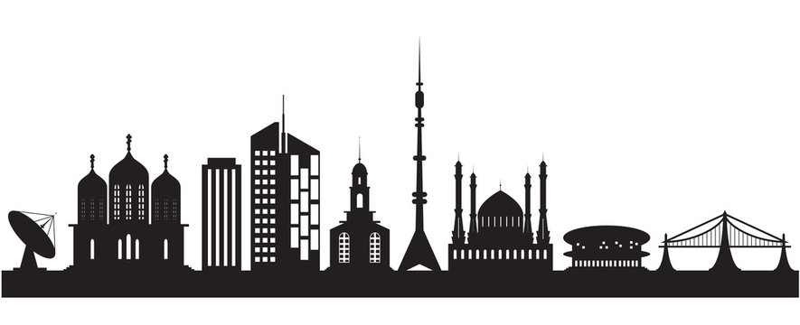 Nine urban and religious buildings. Vector illustration