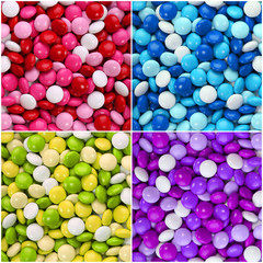 set of colorful chocolate candy coated with frosting. background