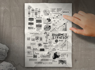 hand drawn business strategy on crumpled paper background