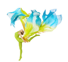 sport woman dancing with flying fluttering fabric