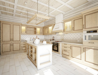 Kitchen in luxury home with white cabinetry