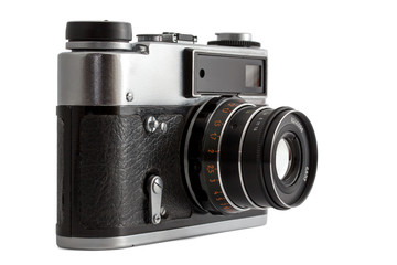Fototapeta premium Soviet photo camera with lens isolated on white