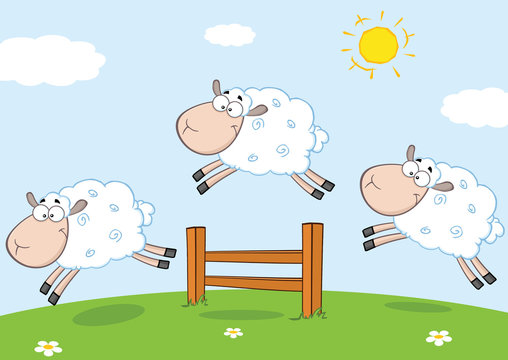 Three Funny Sheep Jumping Over A Fence
