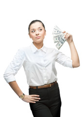 thoughtful businesswoman holding money