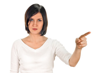young woman shows sign and symbols on white background