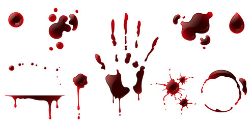 Blood stains on white background, bloody palm print, dripping blood, blood drop splatter, crime scene, horror concept, blood donation, halloween decor elements, vampire bite, murder concept, wound