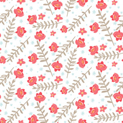 seamless pattern with red flowers and branch