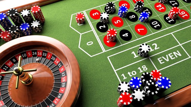 Casino complete table with roulette and chips, 3d render