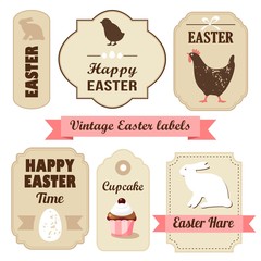 Cute retro easter set of labels, tags, eggs, chicken, bunny