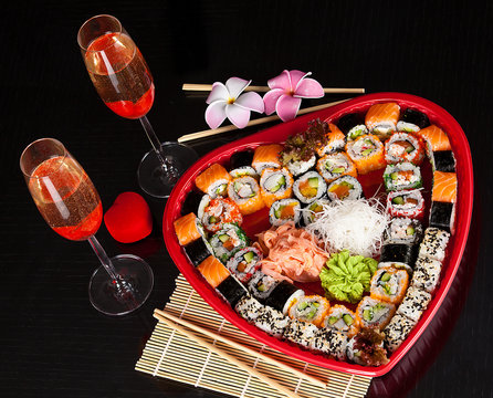 Delicious sushi. Big sushi set for few persons.