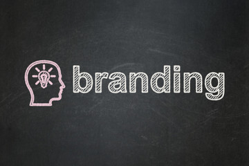 Obraz premium Advertising concept: Head With Lightbulb and Branding on