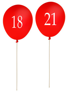 Birthday balloons 18 and 21, red isolated over white