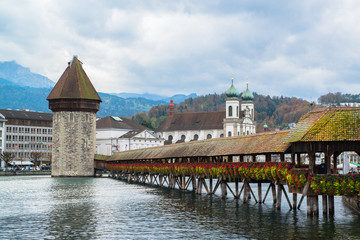 wooden Chapel bridge and old town of Lucerne, Switzerland