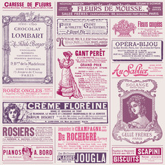 background/pattern made of vintage french ads on ladies' topics