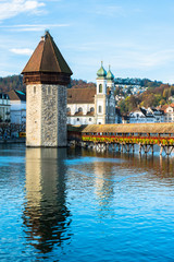 wooden Chapel bridge and old town of Lucerne, Switzerland