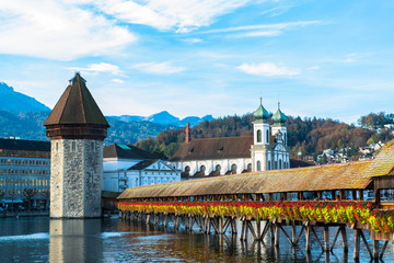 wooden Chapel bridge and old town of Lucerne, Switzerland