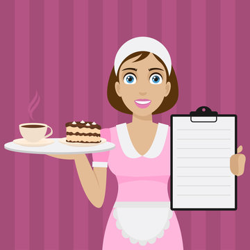 Girl holds tray with dessert and menu