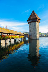 wooden Chapel bridge and old town of Lucerne, Switzerland
