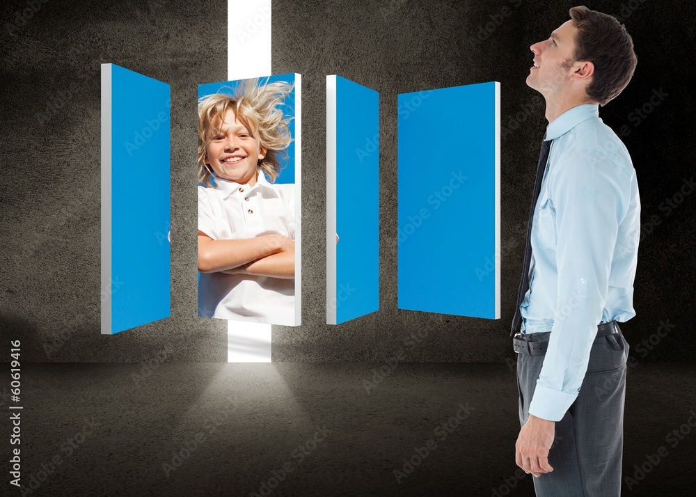 Poster Composite image of smiling businessman standing with hand in poc