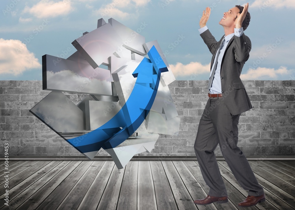 Poster composite image of businessman posing with arms raised
