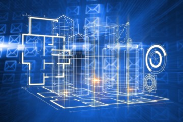 Composite image of glowing envelopes on blue background